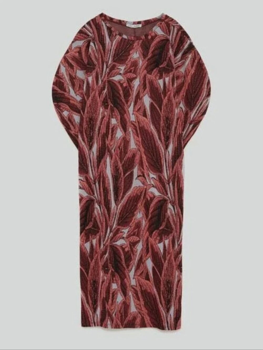 Zara Burgundy Grey Coral Leaf-Print Midi Shift Dress Size Small NWT - Picture 2 of 9